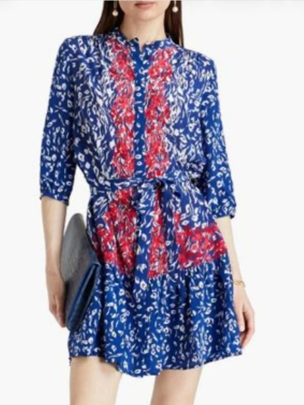 SALONI Tyra Silk Printed Crepe De Chine Mini Dress Size 10 Tie Shirt Dress